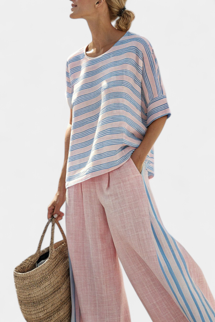 Adèle Pron | Women's Elegant Pink-Blue Linen Blouse & Soft Pants