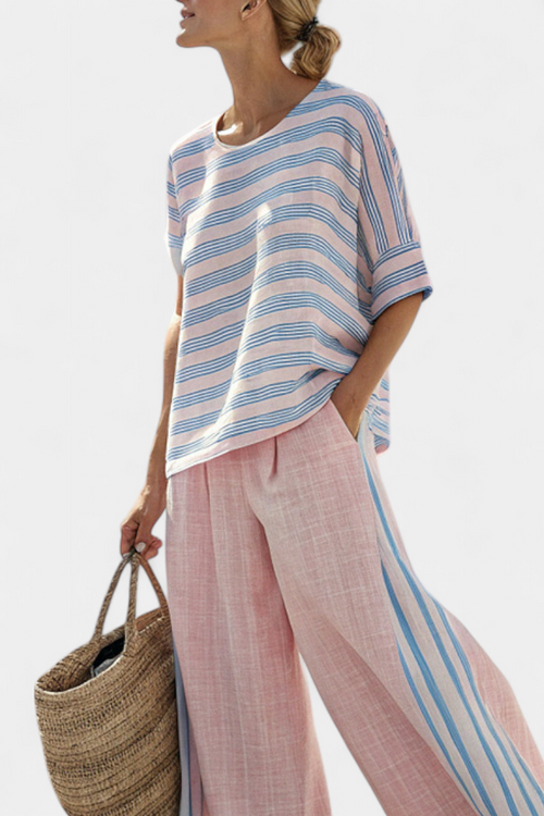 Adèle Pron | Women's Elegant Pink-Blue Linen Blouse & Soft Pants