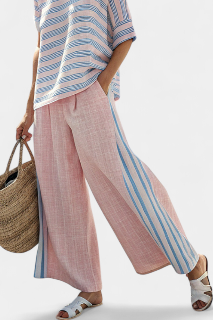 Adèle Pron | Women's Elegant Pink-Blue Linen Blouse & Soft Pants