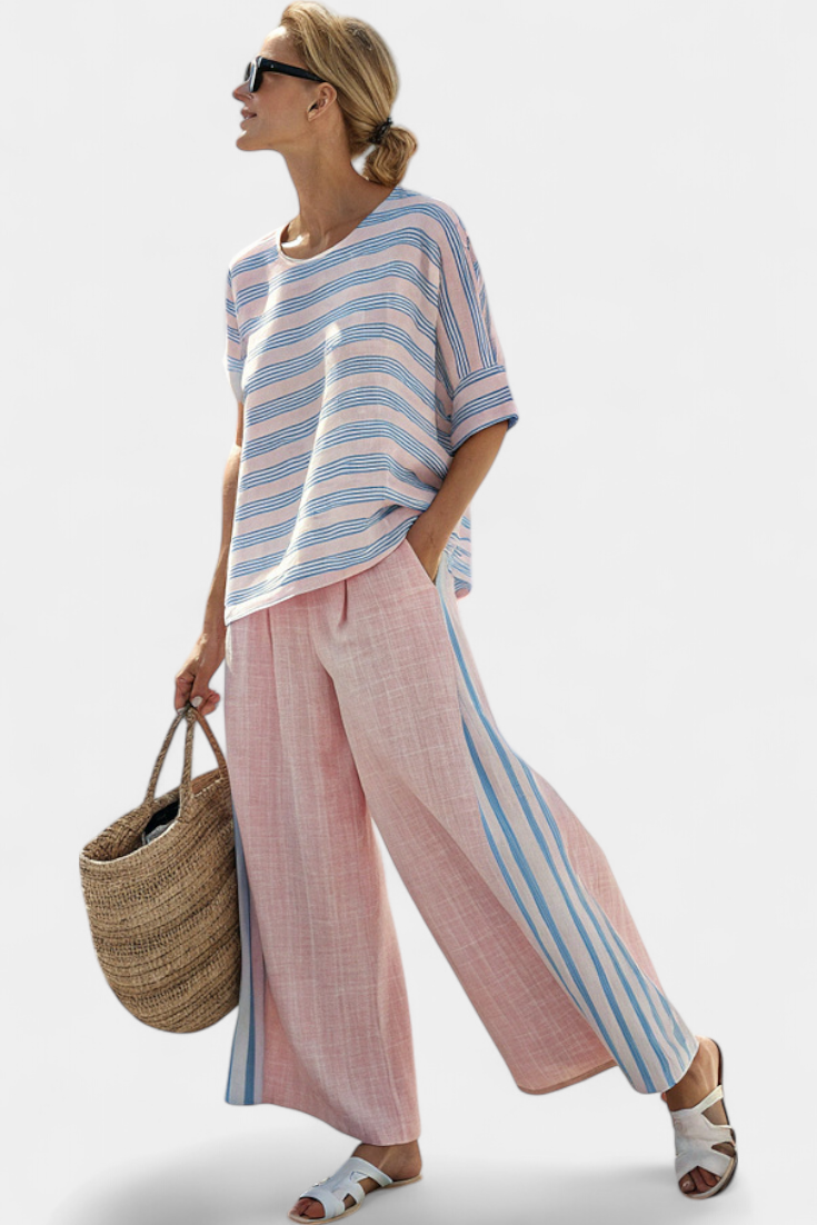 Adèle Pron | Women's Elegant Pink-Blue Linen Blouse & Soft Pants