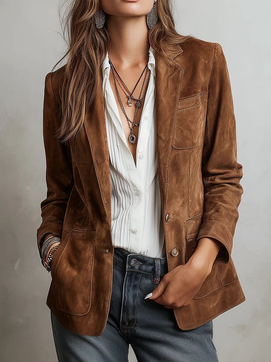 Octavie Rivard | Women's Faux Suede Tailored Single Breasted Cardigan Blazer