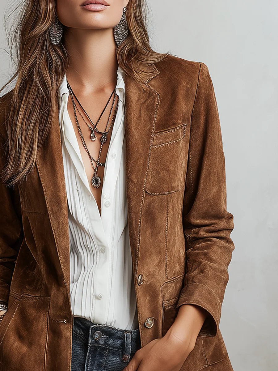 Octavie Rivard | Women's Faux Suede Tailored Single Breasted Cardigan Blazer