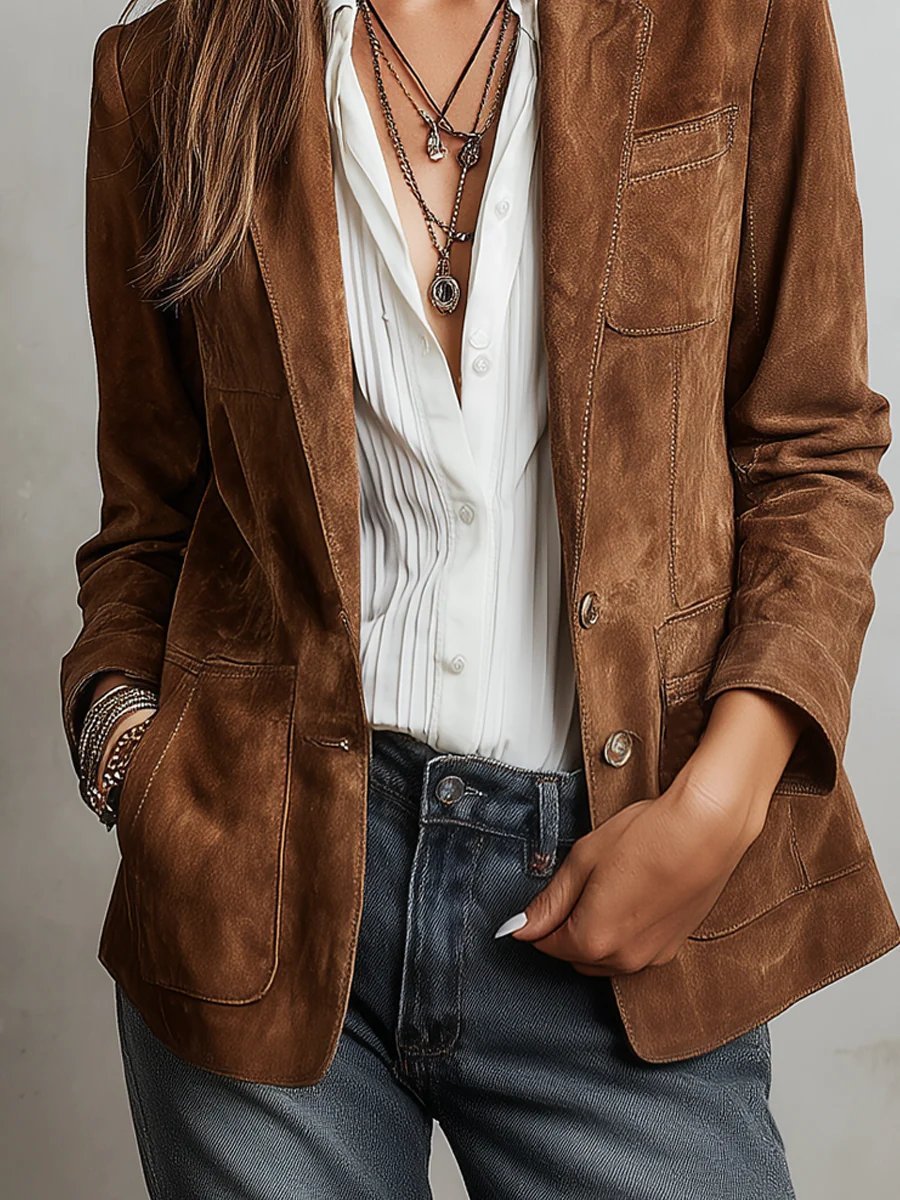 Octavie Rivard | Women's Faux Suede Tailored Single Breasted Cardigan Blazer