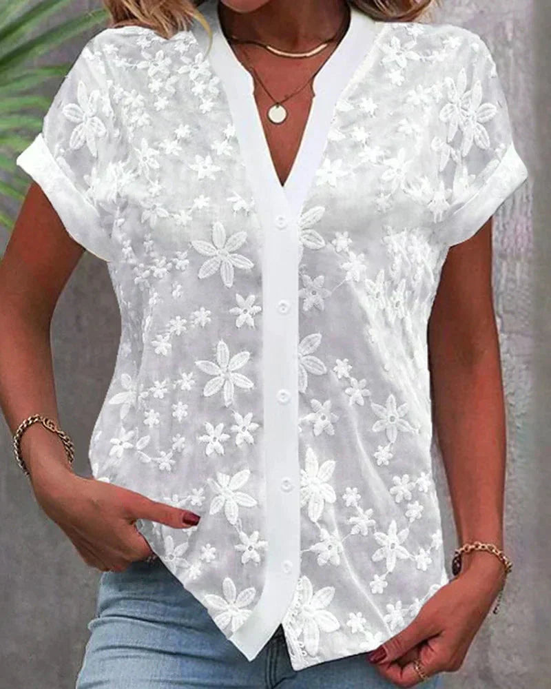 Joëlle Vore | Women's Floral Lace Short Sleeve Button-Down Blouse