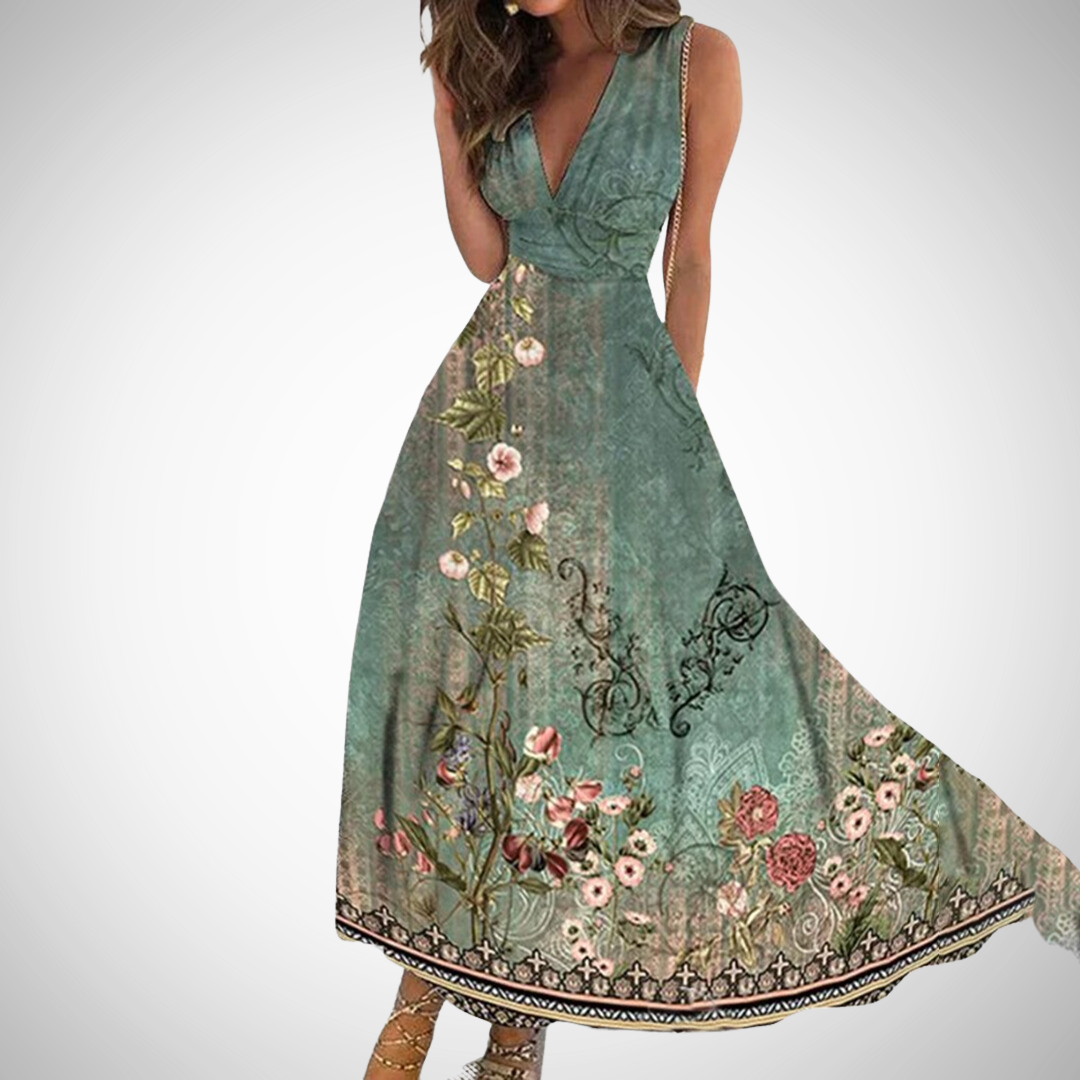 Camélia Sant | Women's Floral Sleeveless V-Neck Wrap Waist Maxi Dress