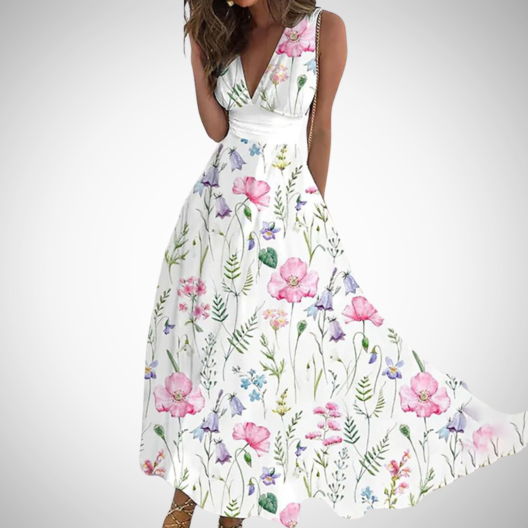 Camélia Sant | Women's Floral Sleeveless V-Neck Wrap Waist Maxi Dress
