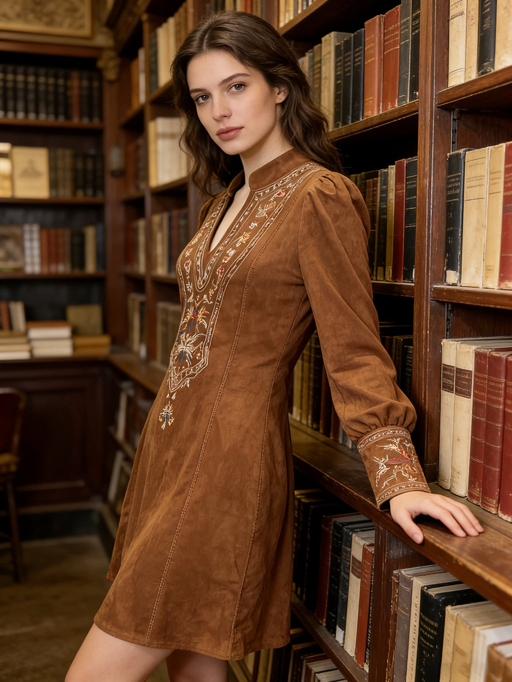 Gabrielle Clairet | Women's Embroidered Lantern Sleeve V-Neck Mini Dress