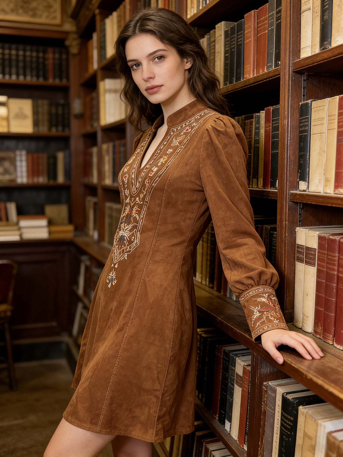 Gabrielle Clairet | Women's Embroidered Lantern Sleeve V-Neck Mini Dress