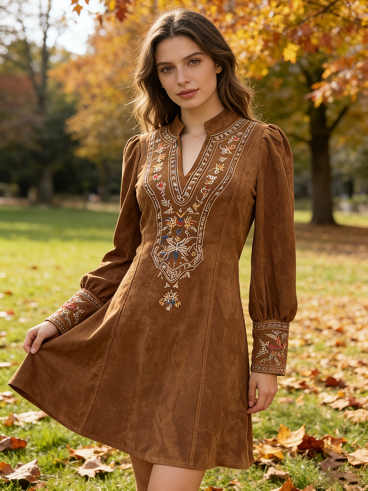Gabrielle Clairet | Women's Embroidered Lantern Sleeve V-Neck Mini Dress