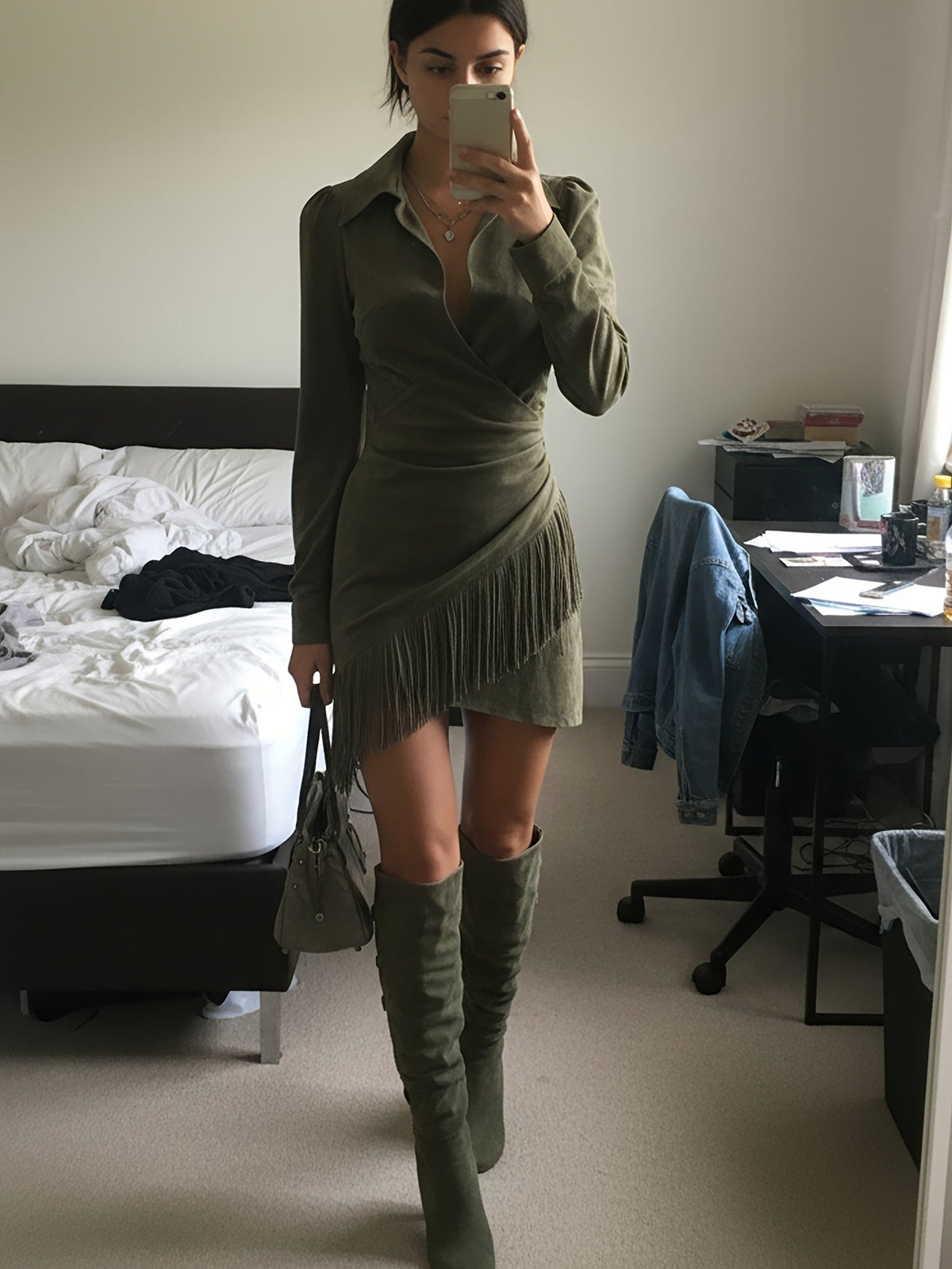 Genevieve Colbert | Women's Fringe Hem Deep V-Neck Wrap Mini Dress