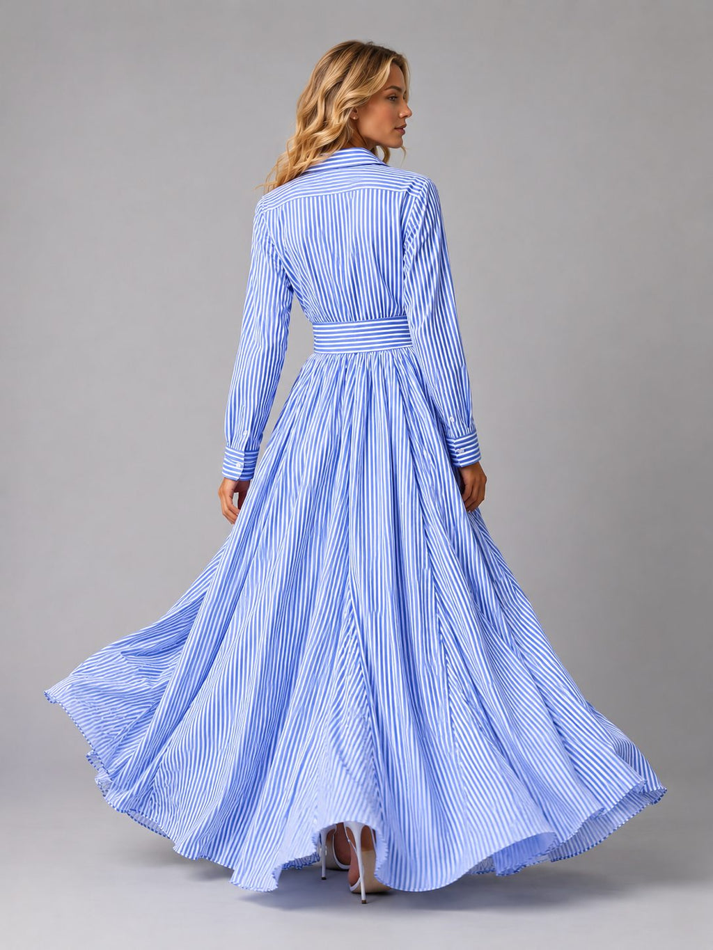 Helene Cortin | Women's Striped Maxi Shirt Dress with Cinched Waist