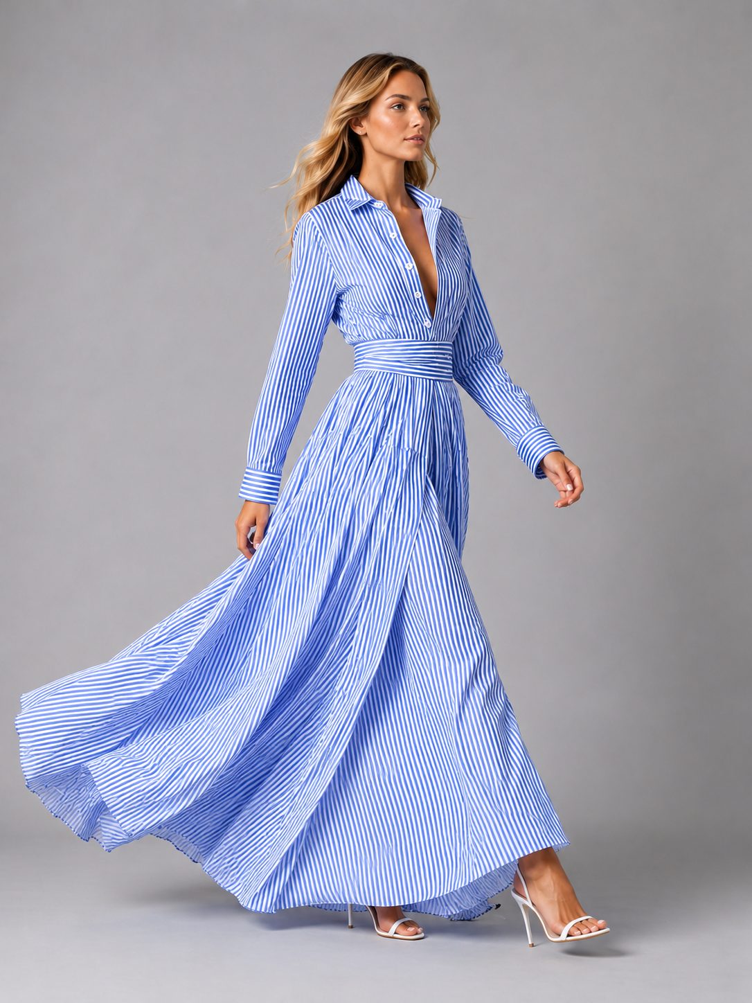 Helene Cortin | Women's Striped Maxi Shirt Dress with Cinched Waist