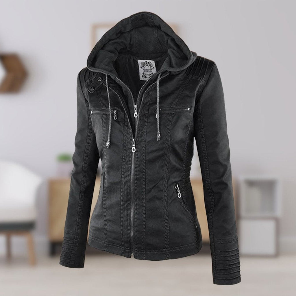 Clémence Mor | Women's Hooded Faux Leather Moto Coat Removable Hood