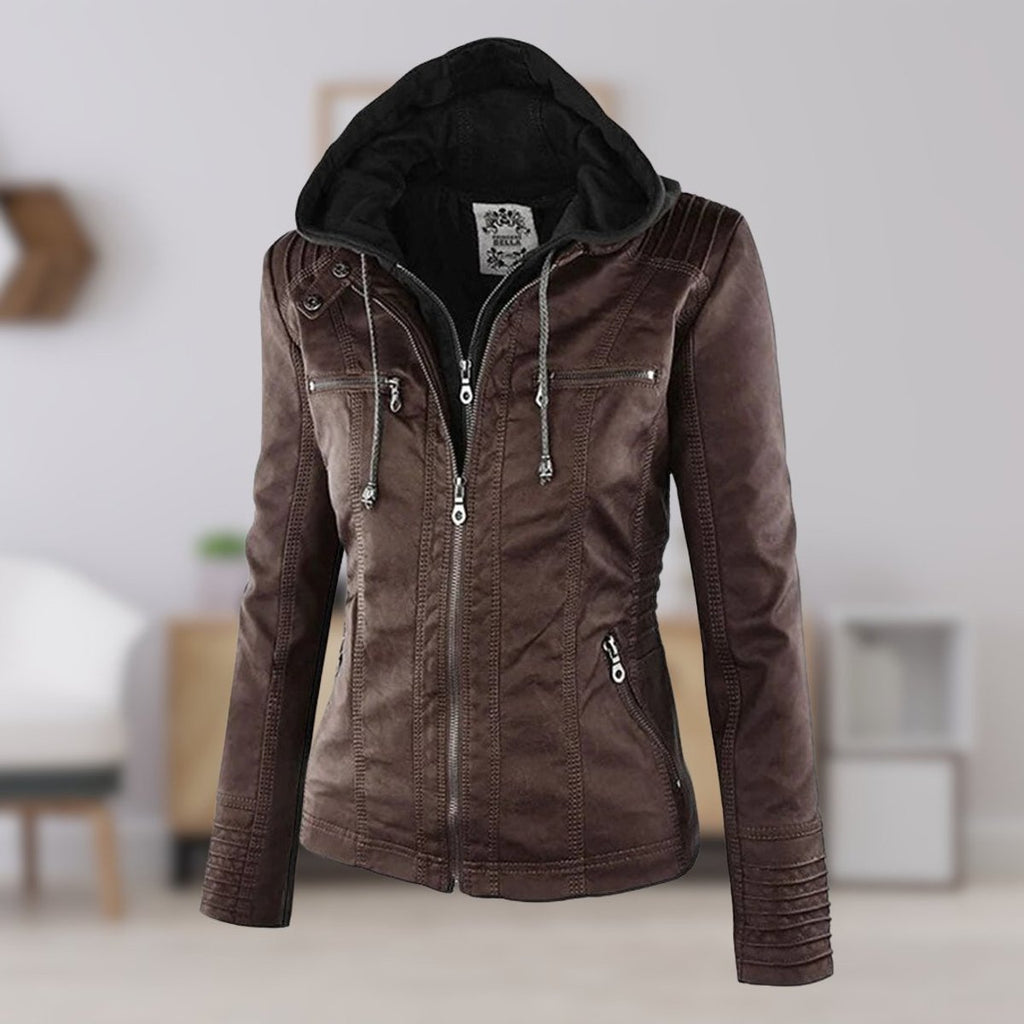 Clémence Mor | Women's Hooded Faux Leather Moto Coat Removable Hood