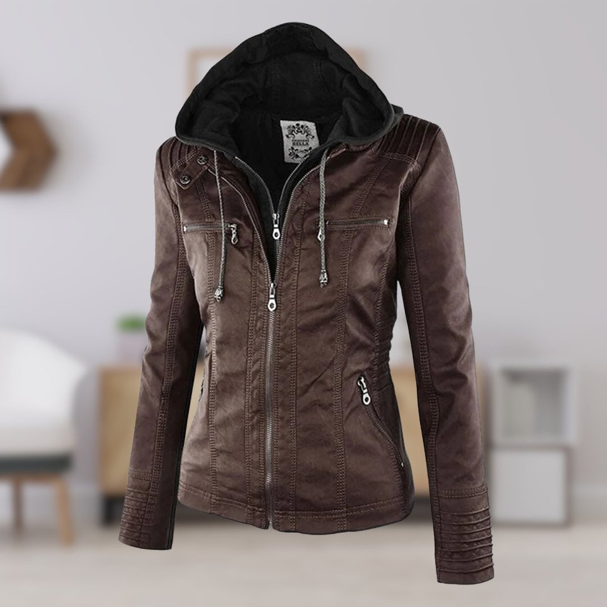 Clémence Mor | Women's Hooded Faux Leather Moto Coat Removable Hood