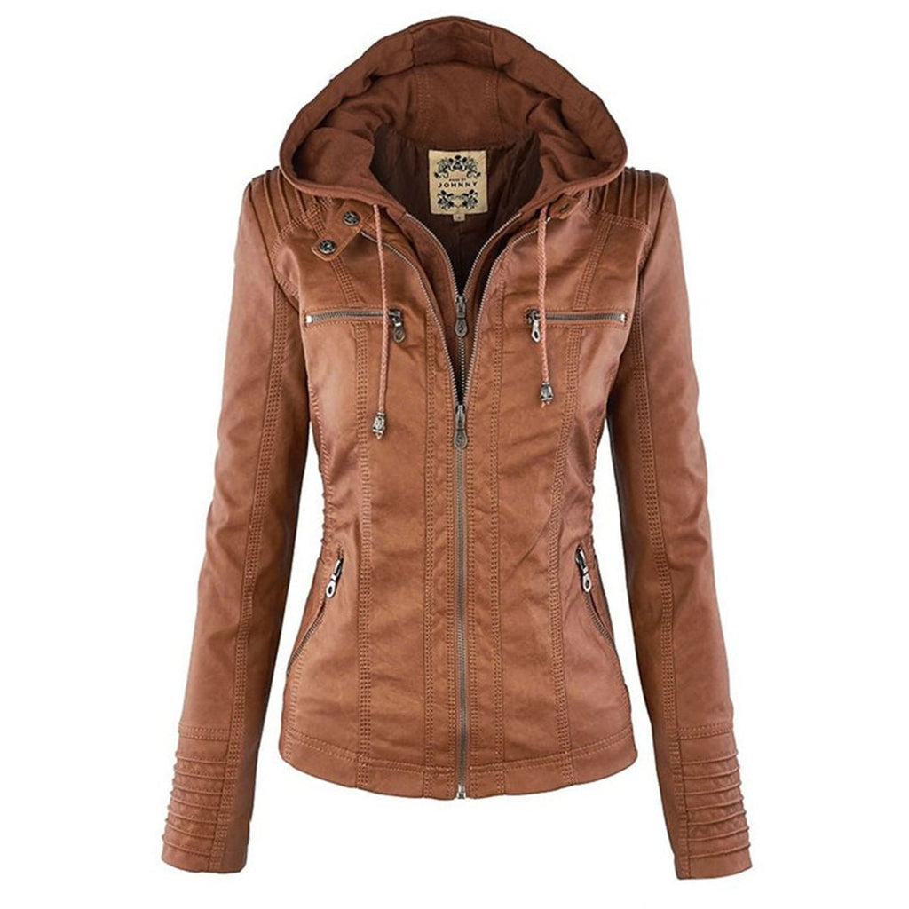 Clémence Mor | Women's Hooded Faux Leather Moto Coat Removable Hood