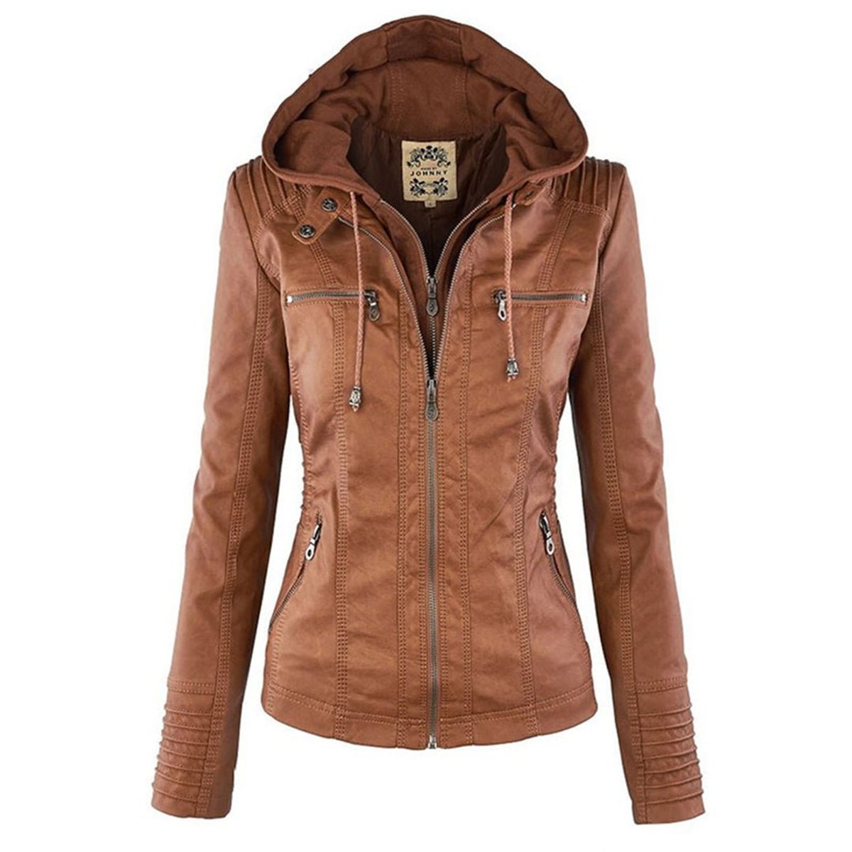 Clémence Mor | Women's Hooded Faux Leather Moto Coat Removable Hood