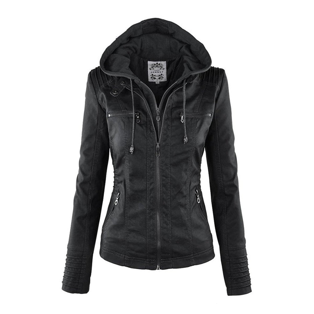 Clémence Mor | Women's Hooded Faux Leather Moto Coat Removable Hood