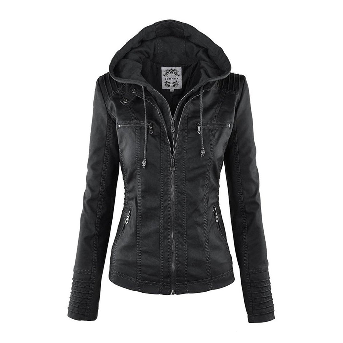 Clémence Mor | Women's Hooded Faux Leather Moto Coat Removable Hood