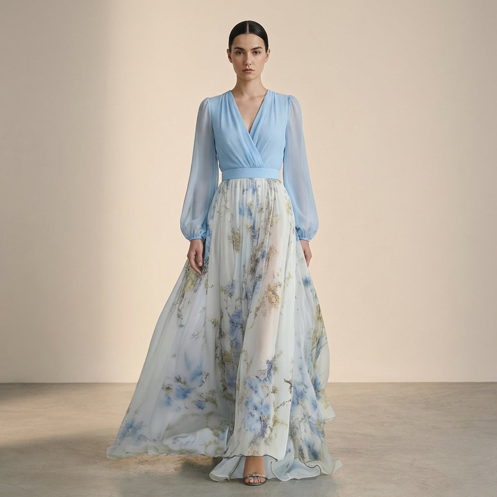 Mira Sante | Light Blue V-Neck Floral Maxi Dress