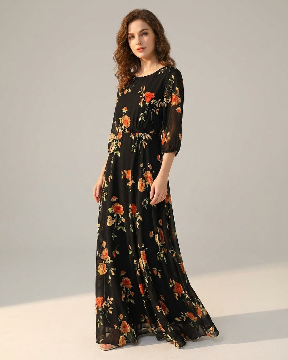 Vivienne Cord | Black Floral V Neck Maxi Dress