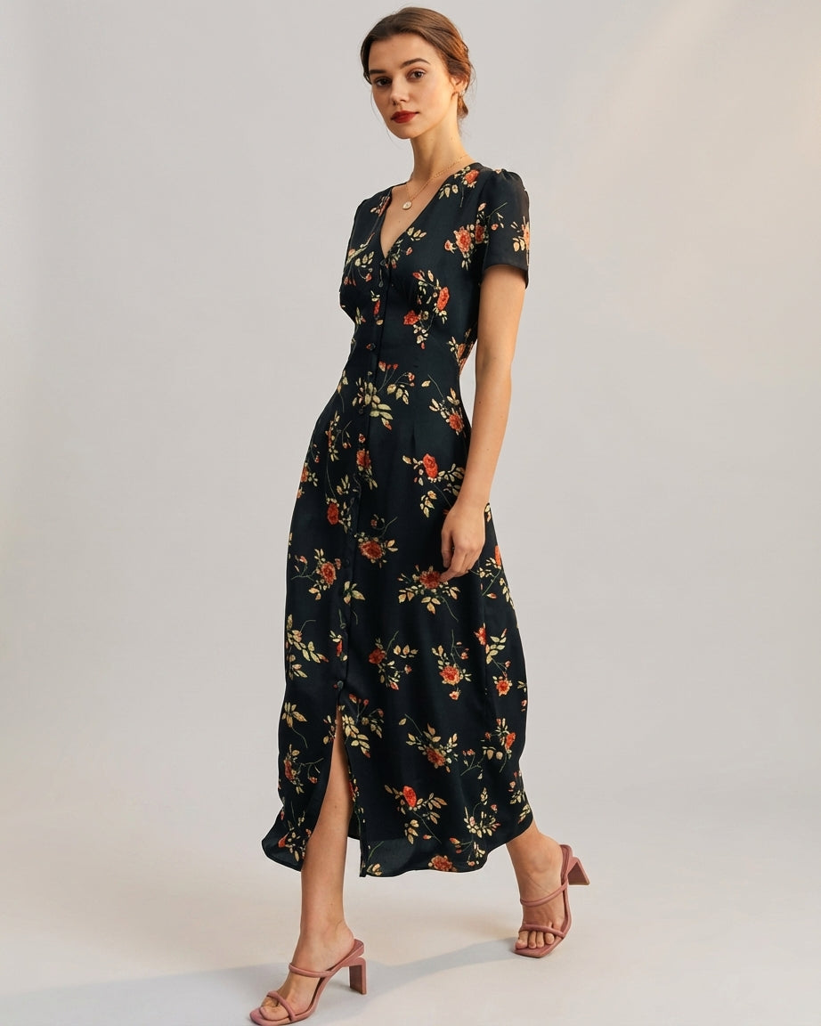 Vivienne Cord | Black Floral V Neck Maxi Dress