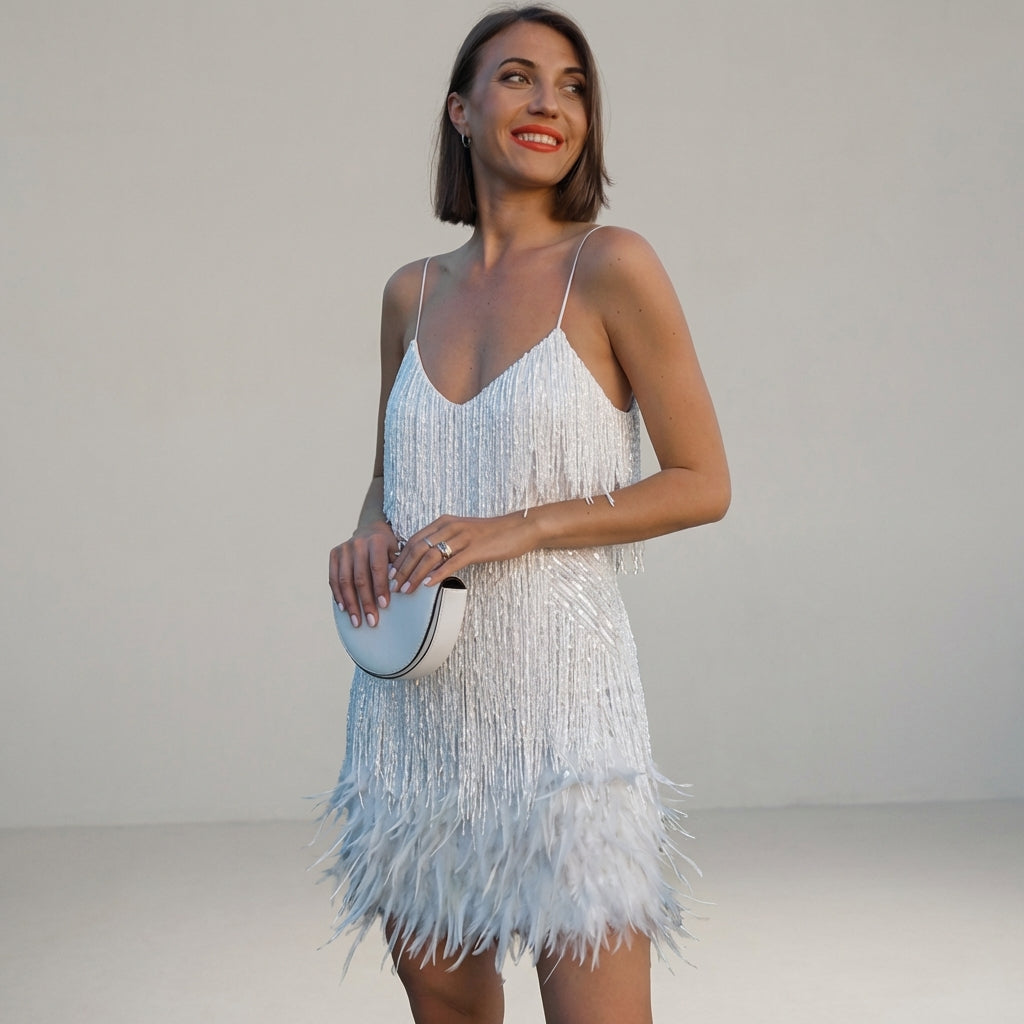Vivienne Cord | Feather-Trim Mini Dress