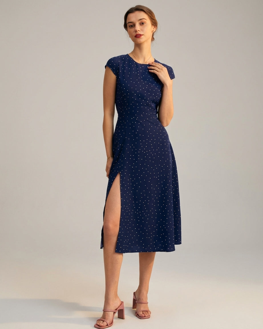Mira Sante | Navy Polka Dot Cutout Midi Dress
