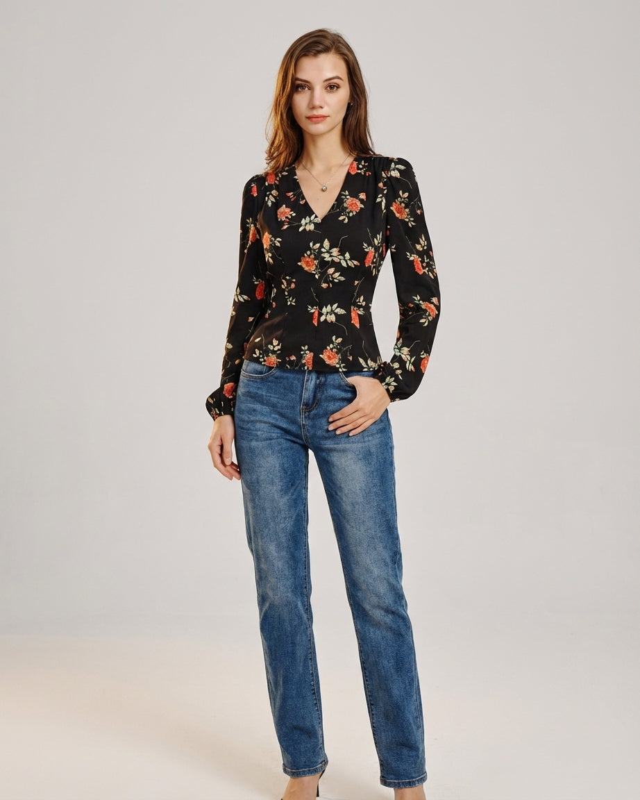 Vivienne Cord | Black Floral V Neck Blouse