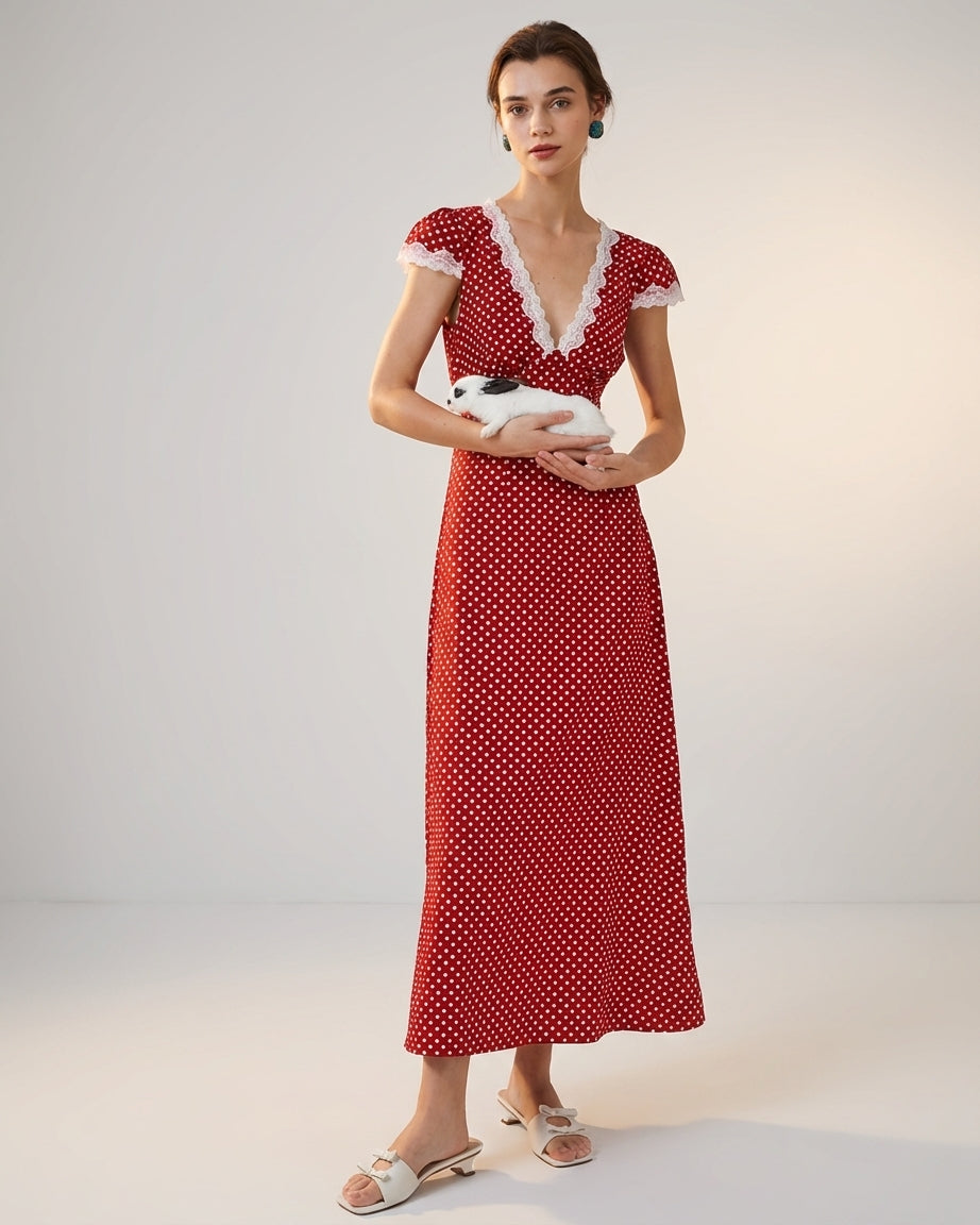 Mira Sante | Red V Neck Polka Dot Maxi Dress