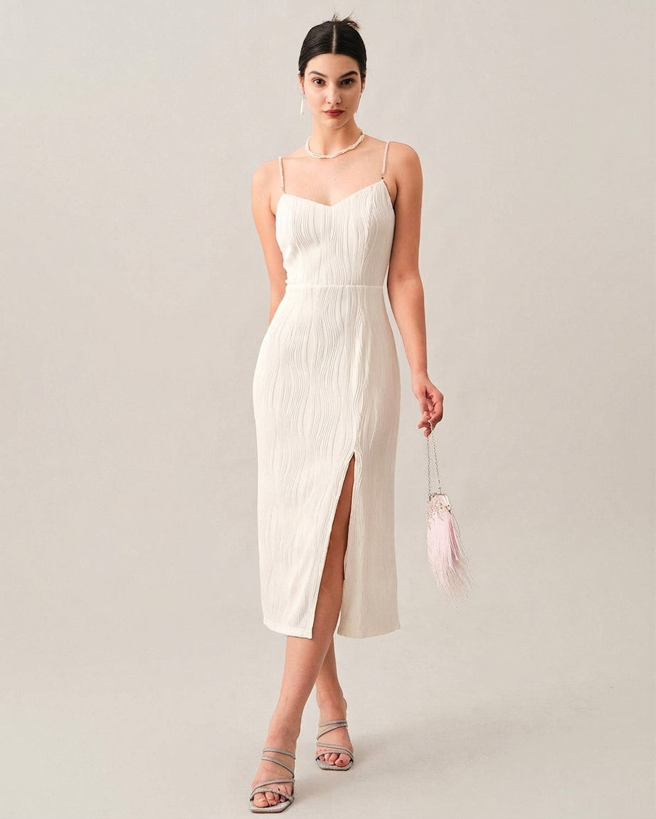 Mira Sante | Wave Textured Pearl Strap Midi Dress