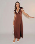 Mira Sante | Brown Satin V Neck Maxi Dress