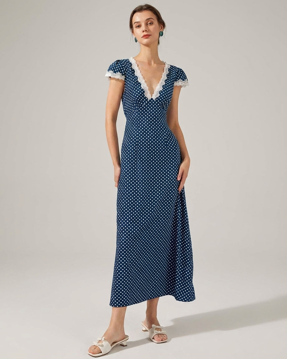 Mira Sante | Navy V Neck Polka Dot Maxi Dress