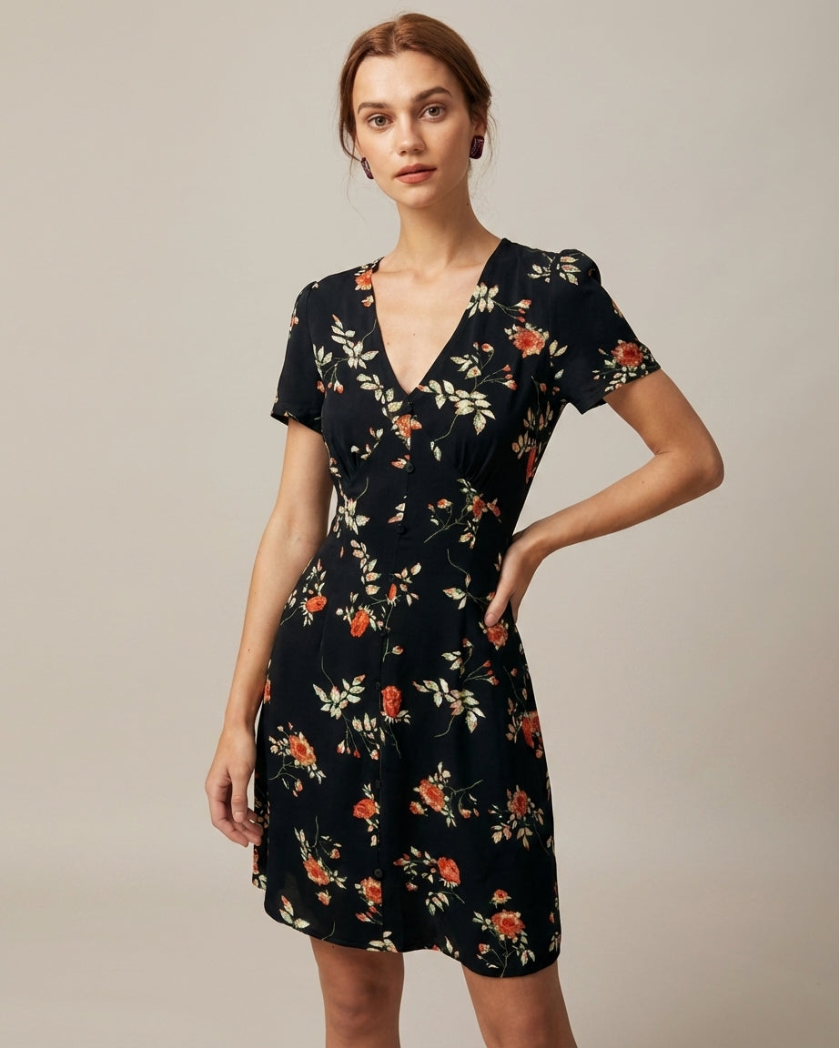 Mira Sante | Black Floral Button Up Mini Dress