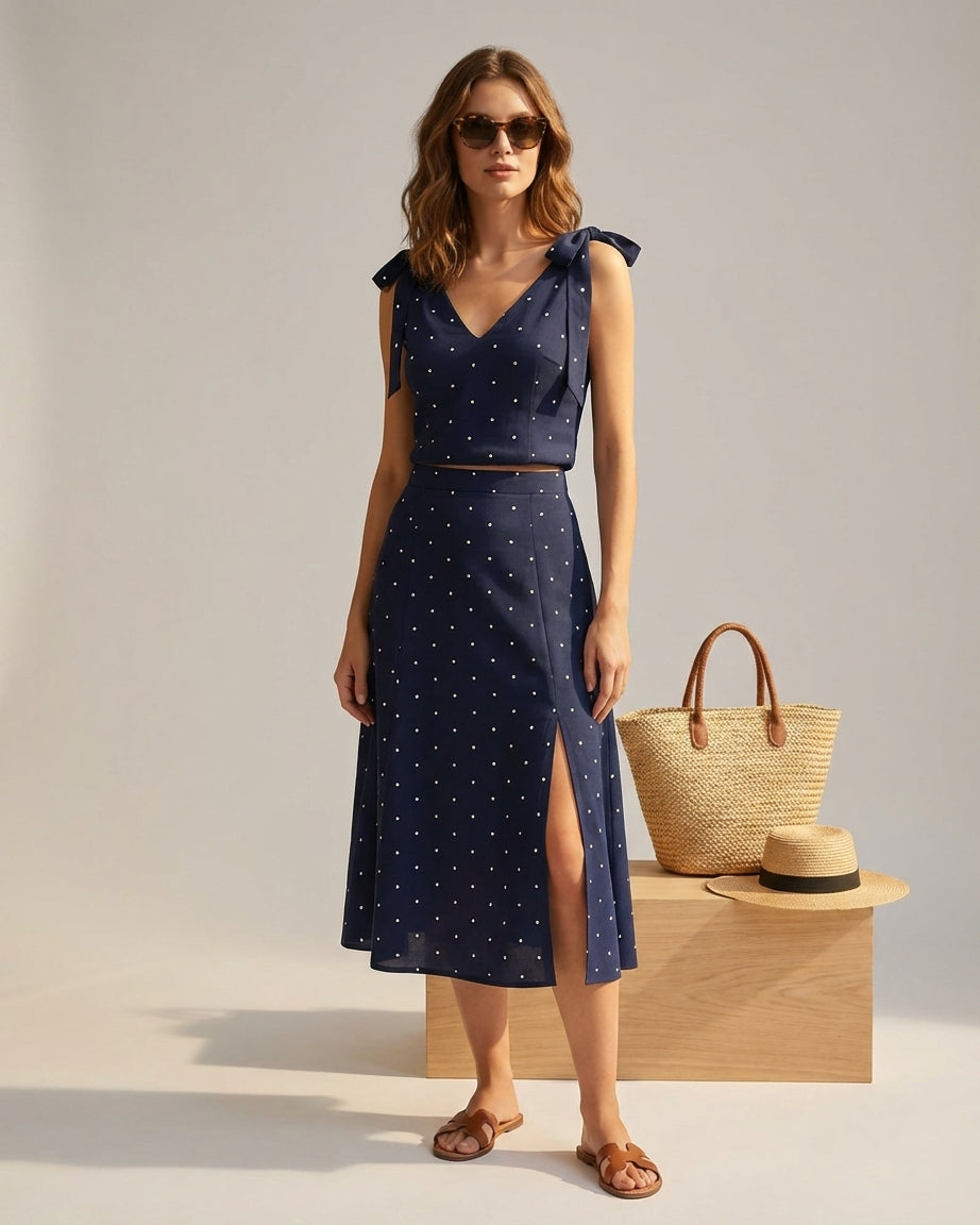Mira Sante | Navy Polka Dot Midi Skirt