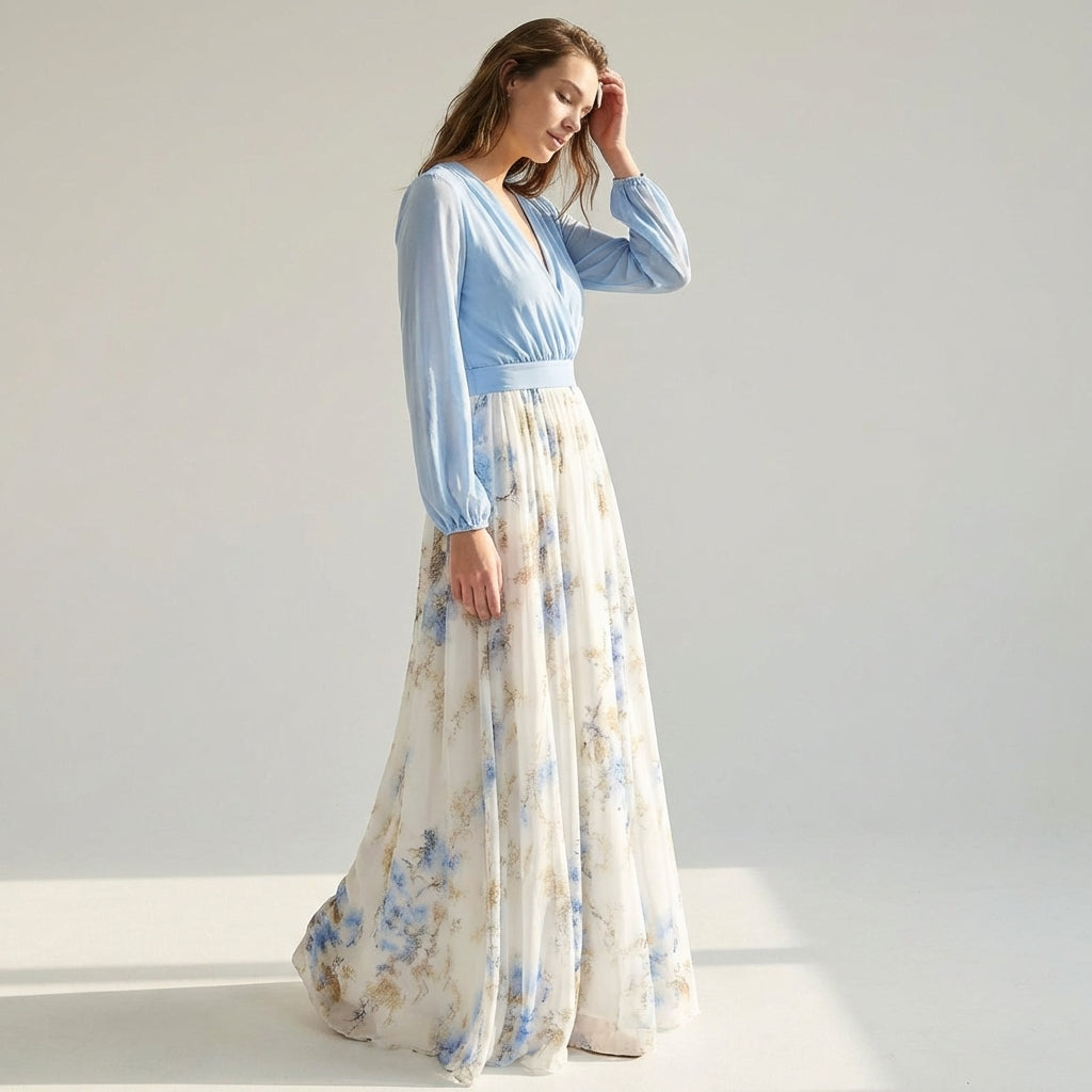 Mira Sante | Light Blue V-Neck Floral Maxi Dress