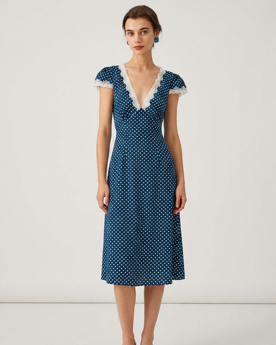 Mira Sante | Navy V Neck Polka Dot Maxi Dress