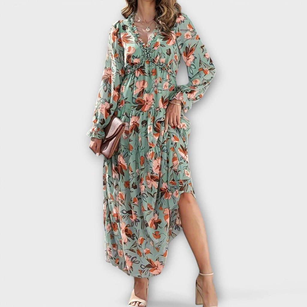 Mira Sante | Pleated Long-Sleeve Floral Maxi Dress