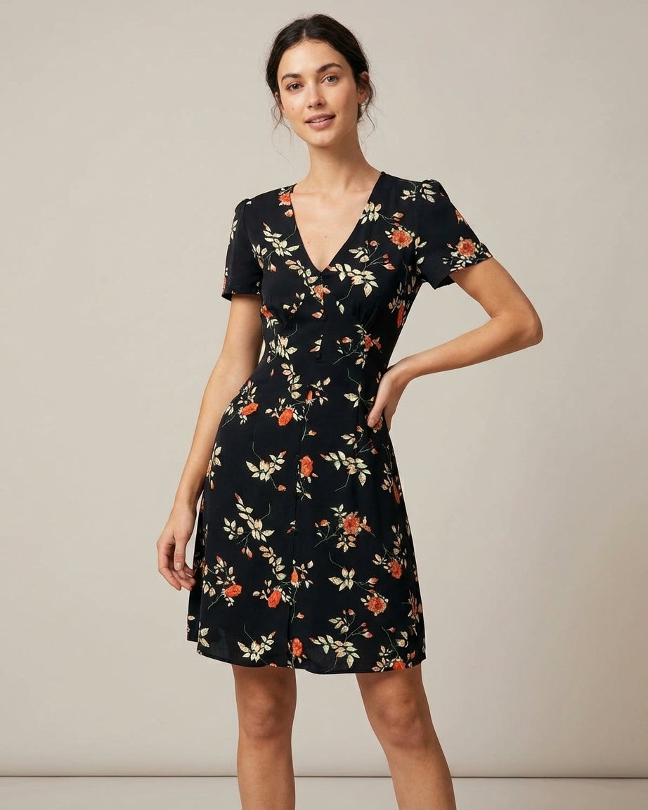 Mira Sante | Black Floral Button Up Mini Dress
