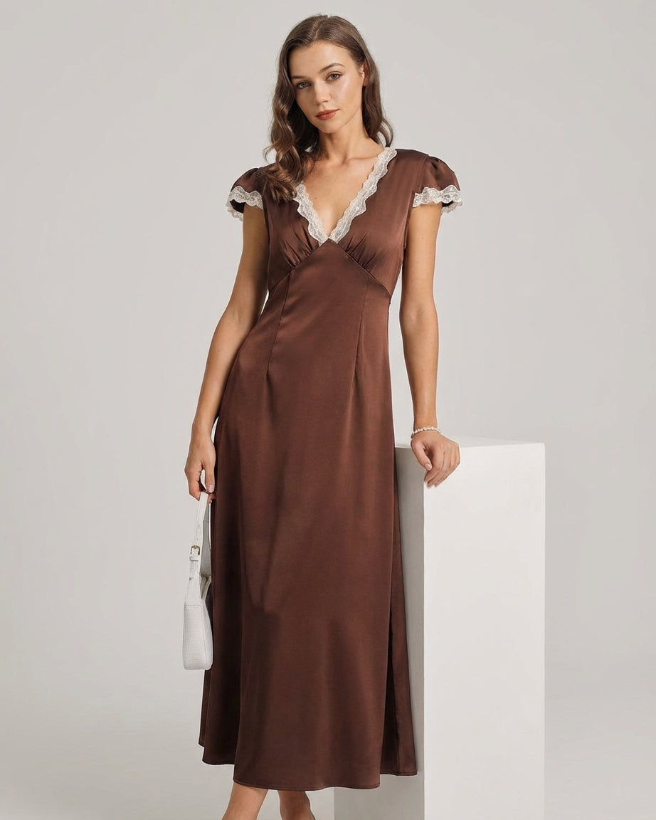 Mira Sante | Brown Satin V Neck Maxi Dress