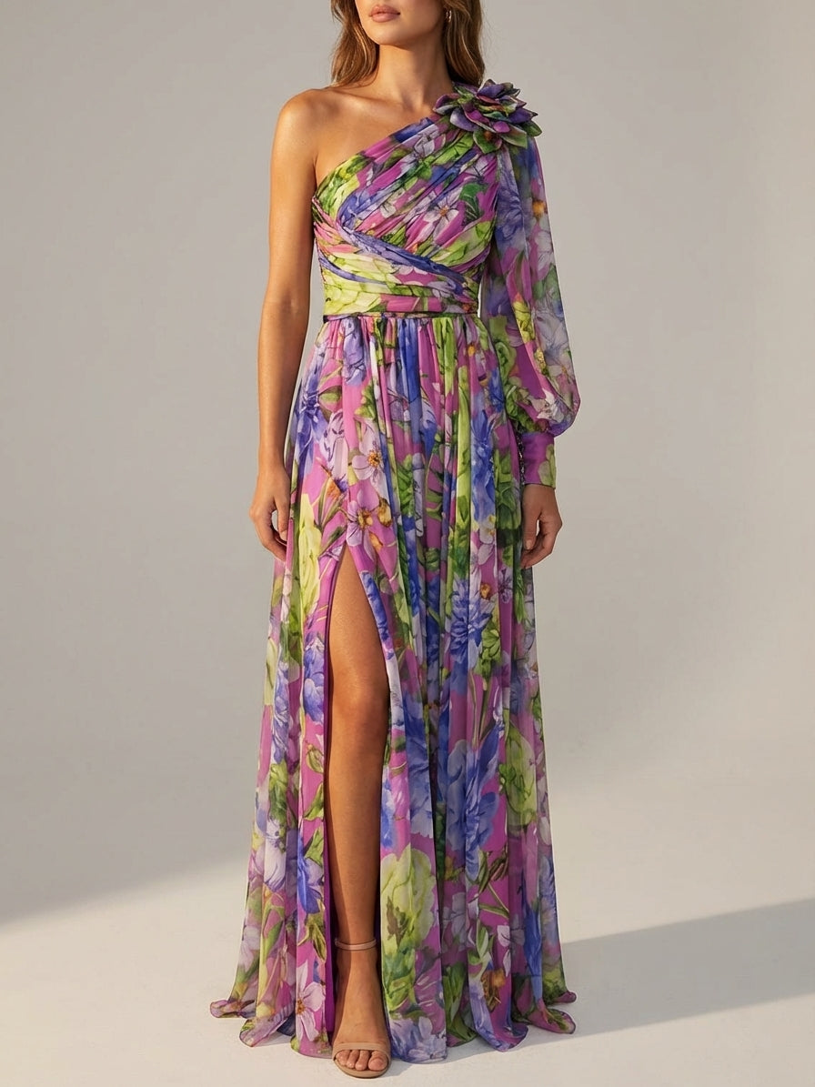 Mira Sante | Lilac Print Side Slit Maxi Dress