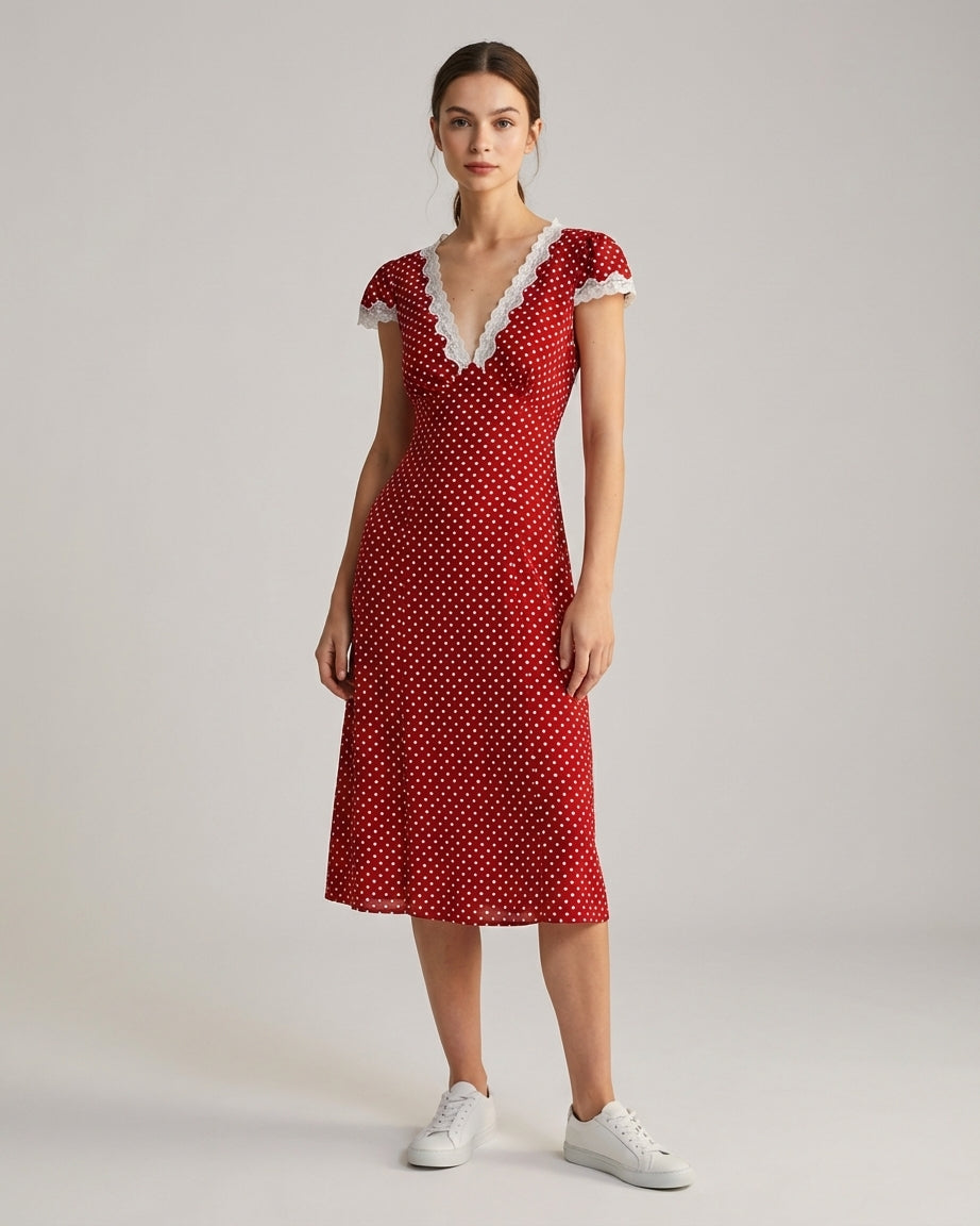 Mira Sante | Red V Neck Polka Dot Maxi Dress