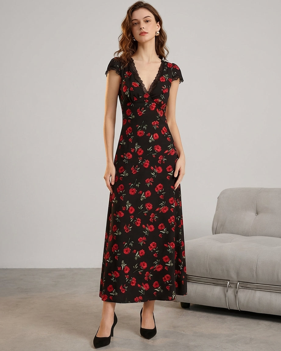 Mira Sante | Black Floral V Neck Maxi Dress