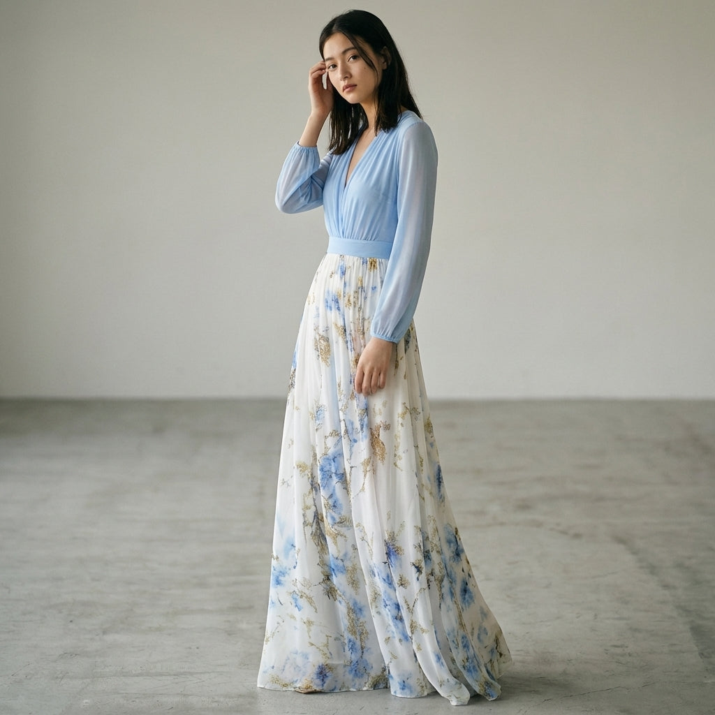 Mira Sante | Light Blue V-Neck Floral Maxi Dress