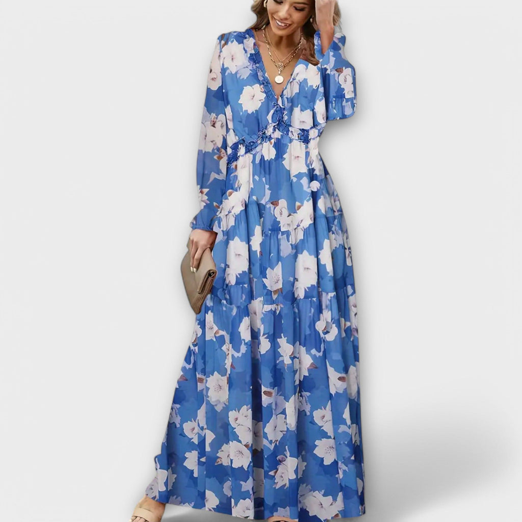 Mira Sante | Pleated Long-Sleeve Floral Maxi Dress