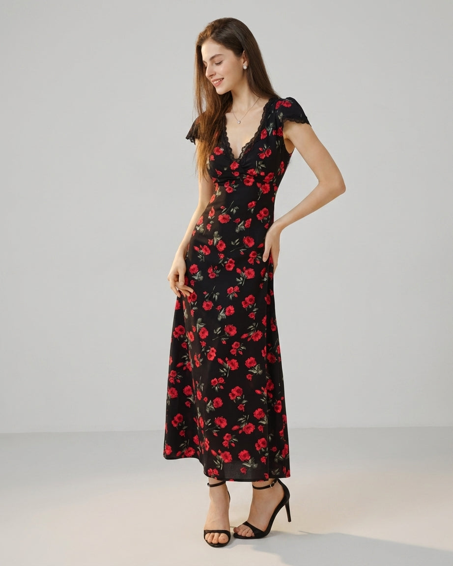 Mira Sante | Black Floral V Neck Maxi Dress