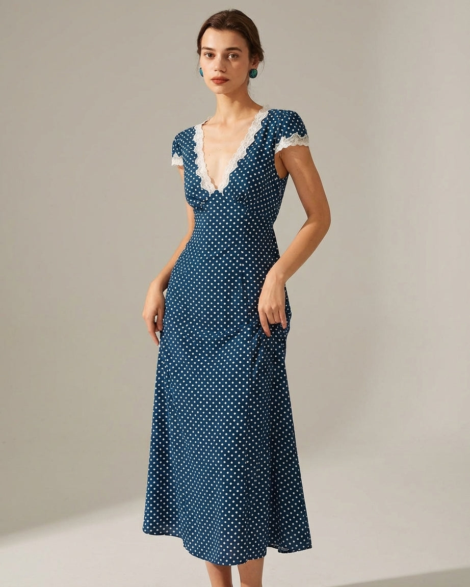 Mira Sante | Navy V Neck Polka Dot Maxi Dress