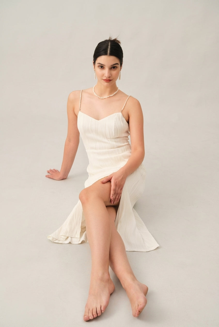 Mira Sante | Wave Textured Pearl Strap Midi Dress