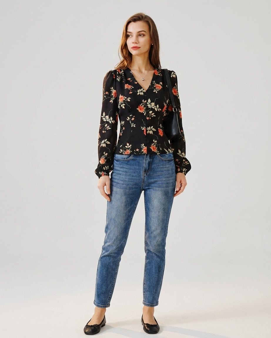Vivienne Cord | Black Floral V Neck Blouse