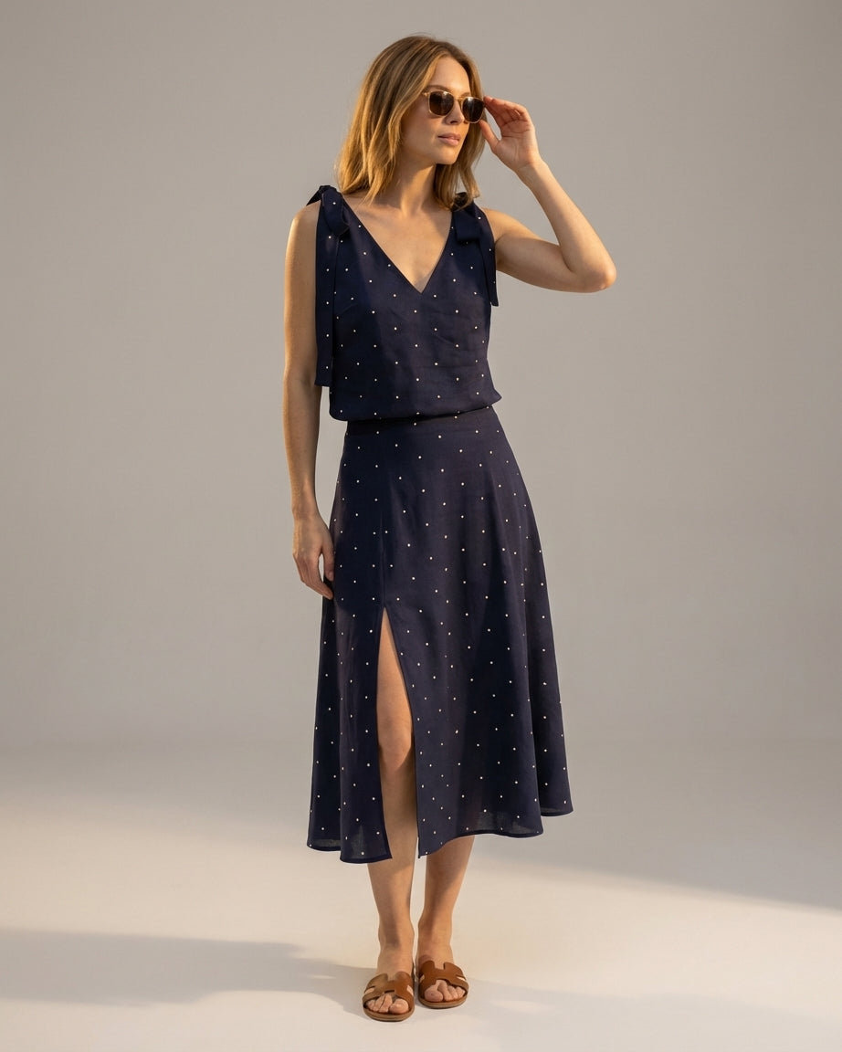 Mira Sante | Navy Polka Dot Midi Skirt